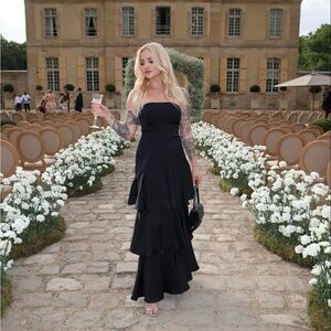 Blissfully Beautiful Black Satin Strapless Tiered Maxi Dress